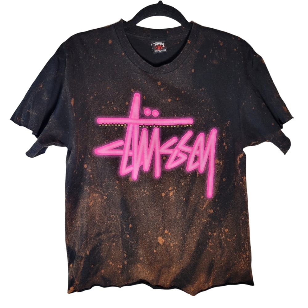 Stussy black bleach dyed cropped t-shirt pink spellout logo Size M